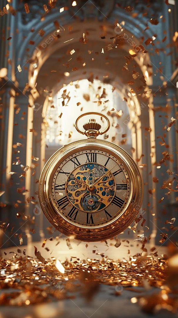 Um relógio dourado com algarismos romanos