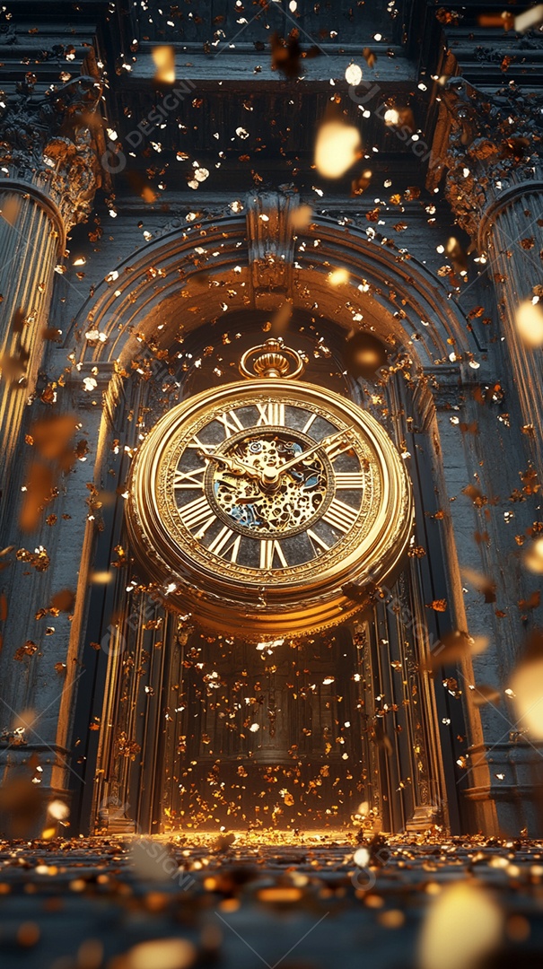 Um relógio dourado com algarismos romanos