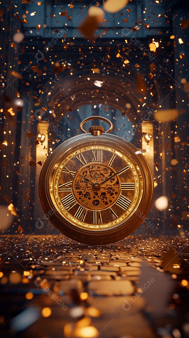 Um relógio dourado com algarismos romanos