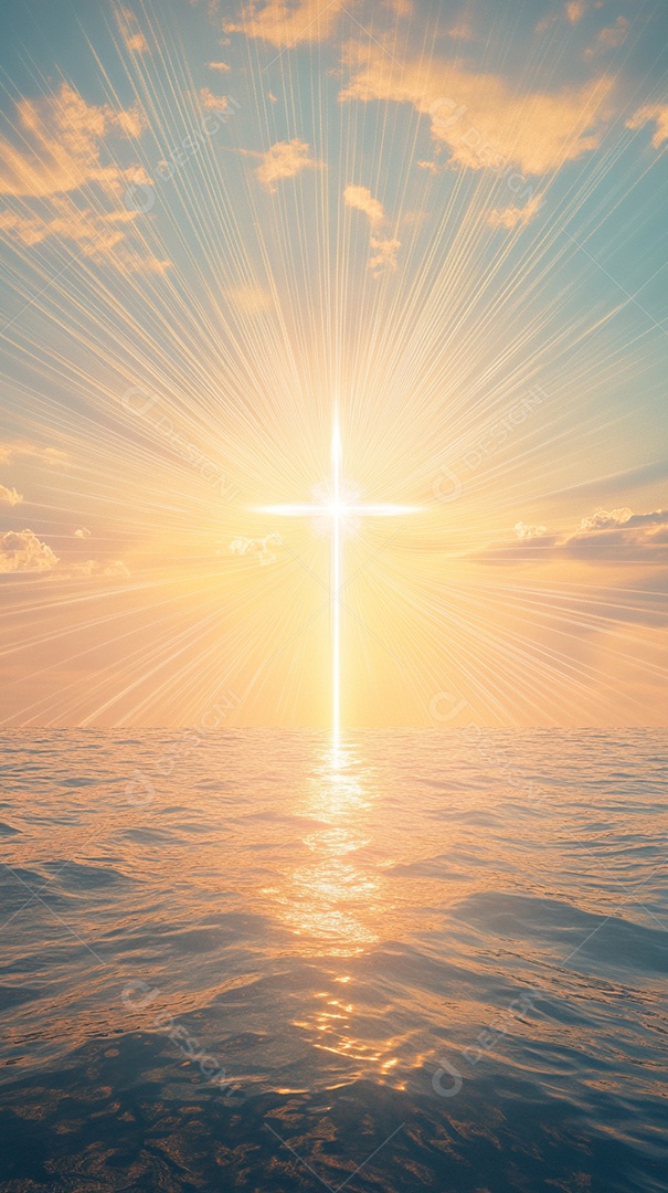 Silhueta de uma cruz sobre águas ao fundo