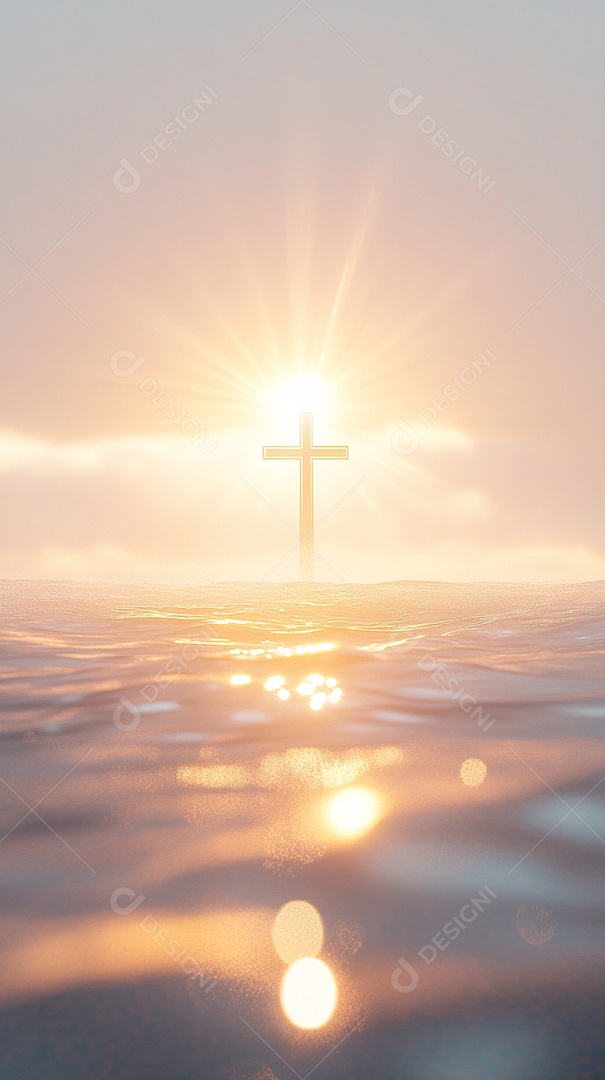 Silhueta de uma cruz sobre águas ao fundo