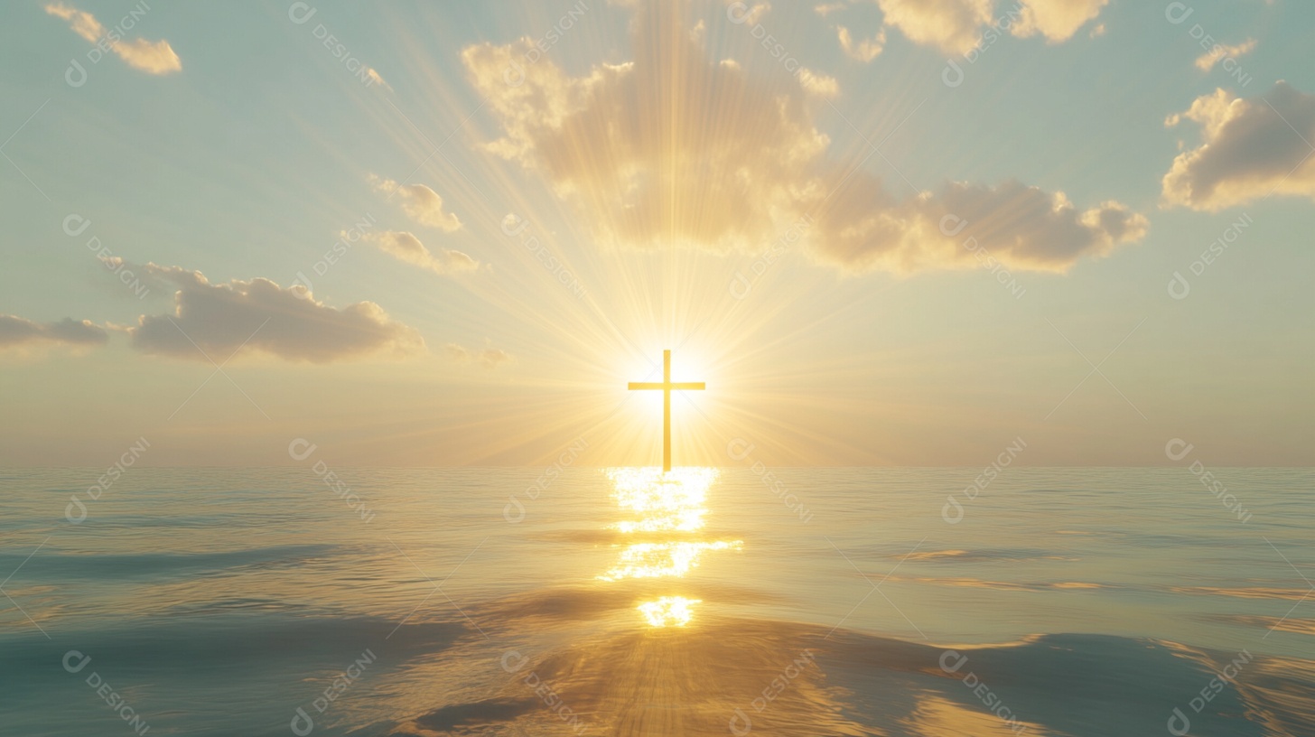 Silhouette of a cross over waters at the bottom