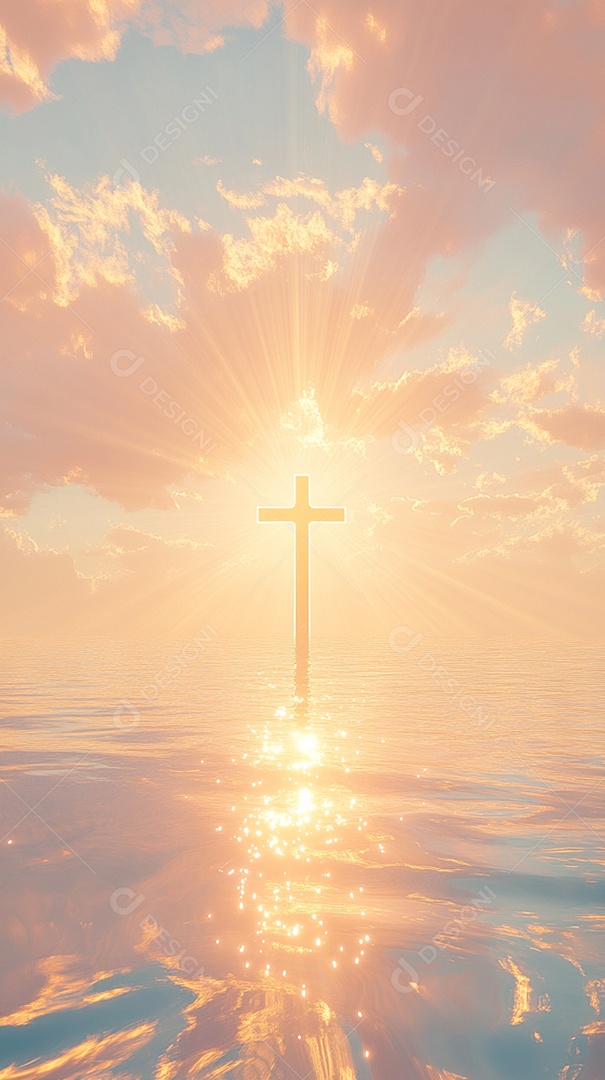 Silhueta de uma cruz sobre águas ao fundo