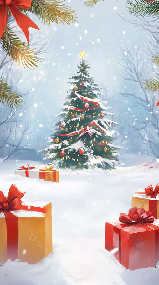 Uma árvore de Natal com presentes contra um fundo