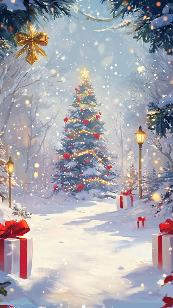 Uma árvore de Natal com presentes contra um fundo