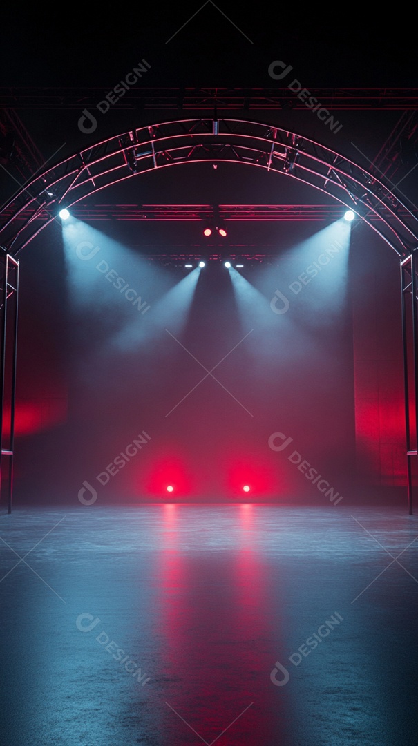 Um palco com estrutura metálica em primeiro plan