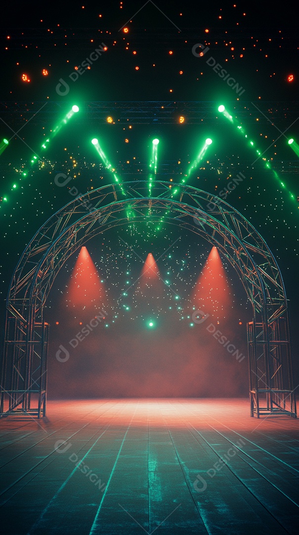 Um palco com estrutura metálica em primeiro plano