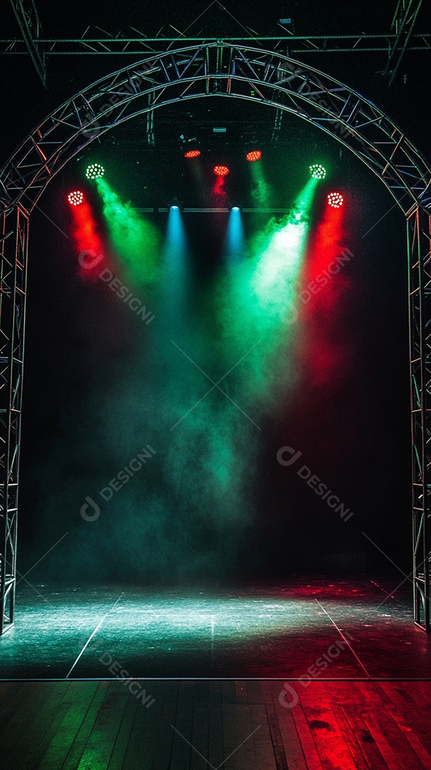 Um palco com estrutura metálica em primeiro plano