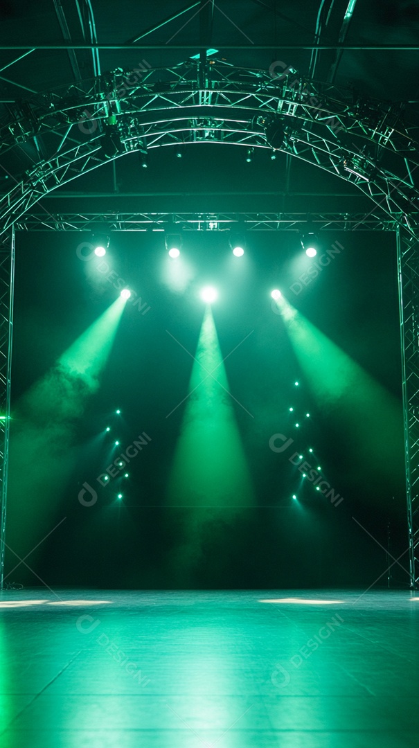 Um palco com estrutura metálica em primeiro plano