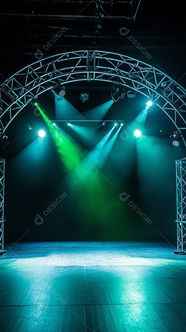 Um palco com estrutura metálica em primeiro plano