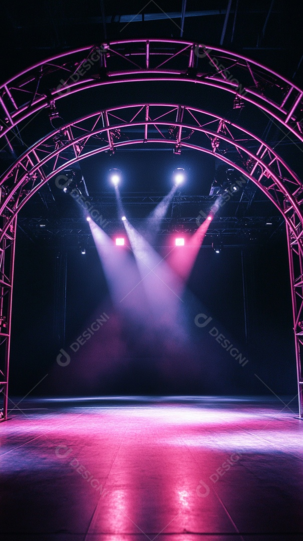 Um palco com estrutura metálica em primeiro plano