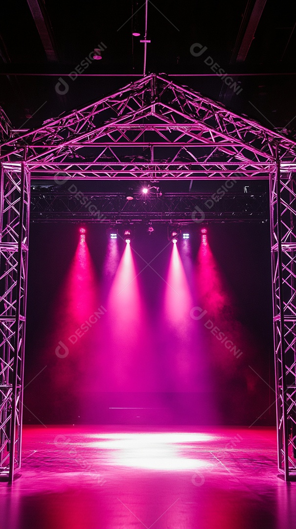 Um palco com estrutura metálica em primeiro plano