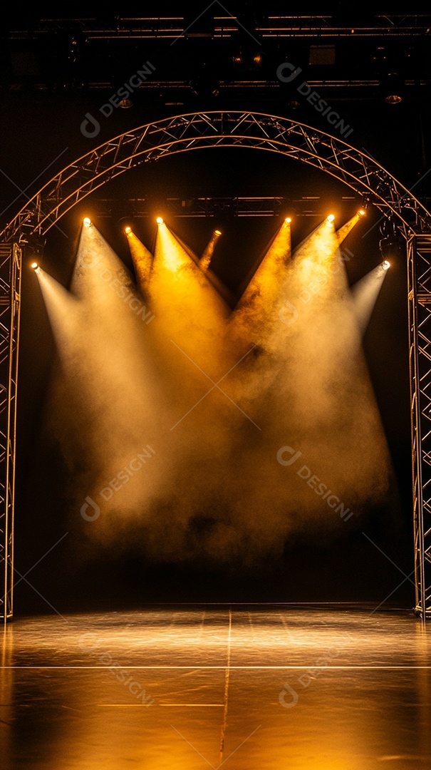 Um palco com estrutura metálica em primeiro plano