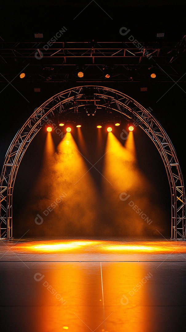 Um palco com estrutura metálica em primeiro plano