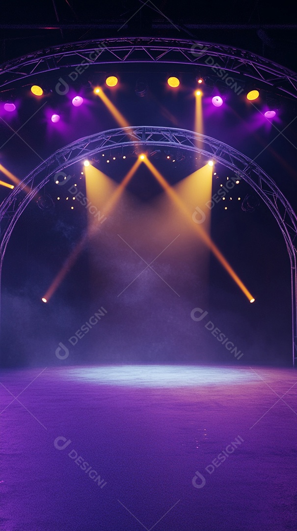 Um palco com estrutura metálica em primeiro plano