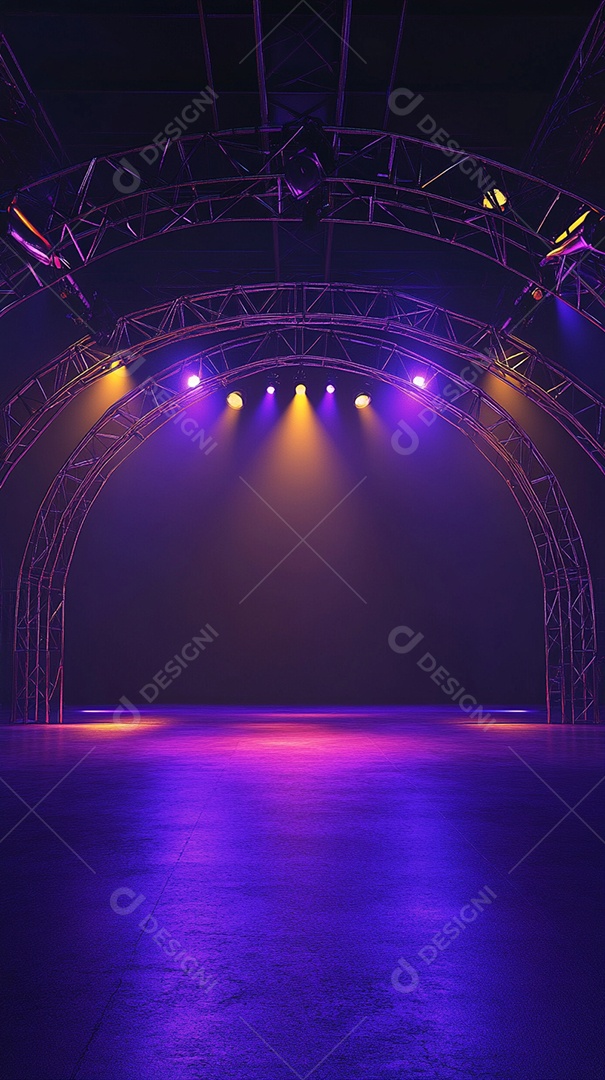 Um palco com estrutura metálica em primeiro plano