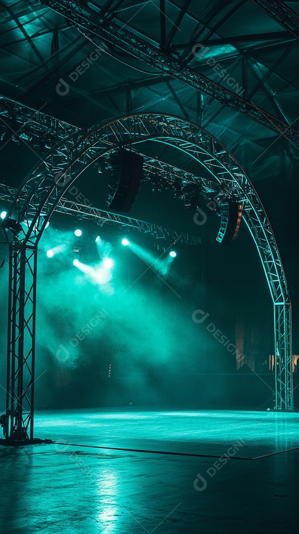 Um palco com estrutura metálica em primeiro plano