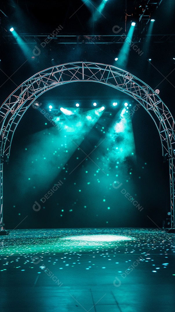 Um palco com estrutura metálica em primeiro plano