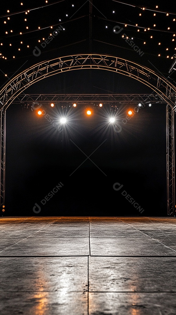 Um palco com estrutura metálica em primeiro plano