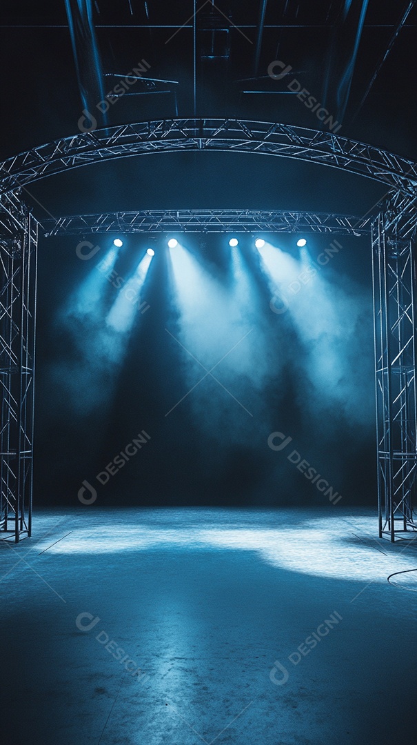 Um palco com estrutura metálica em primeiro plano