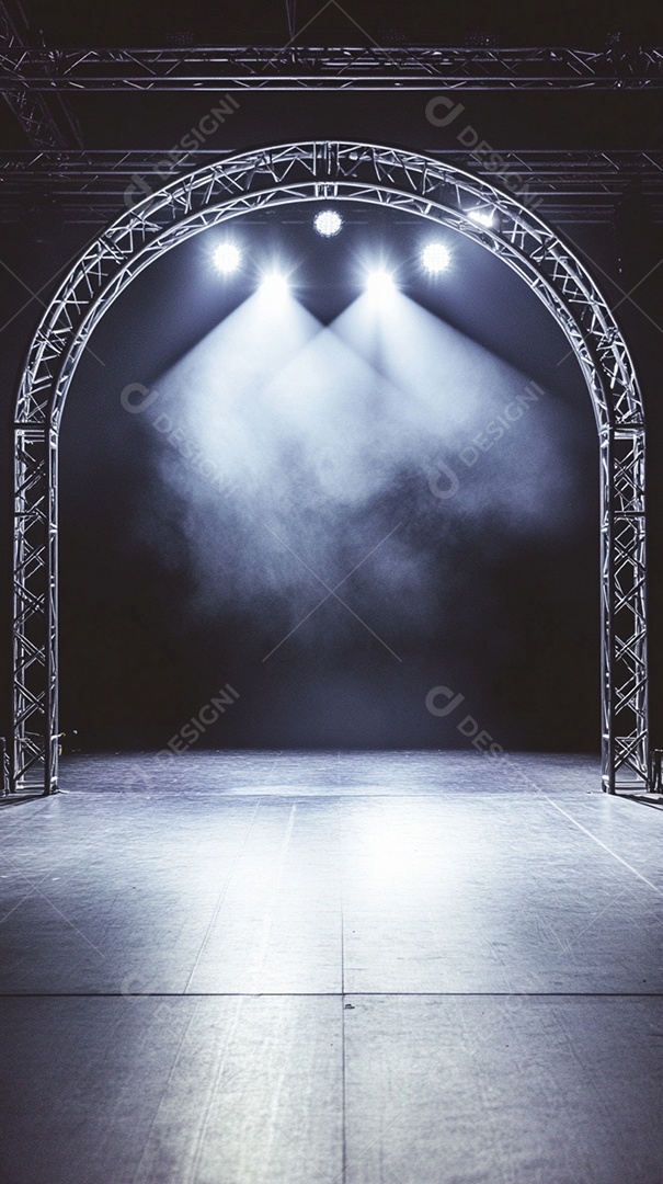 Um palco com estrutura metálica em primeiro plano