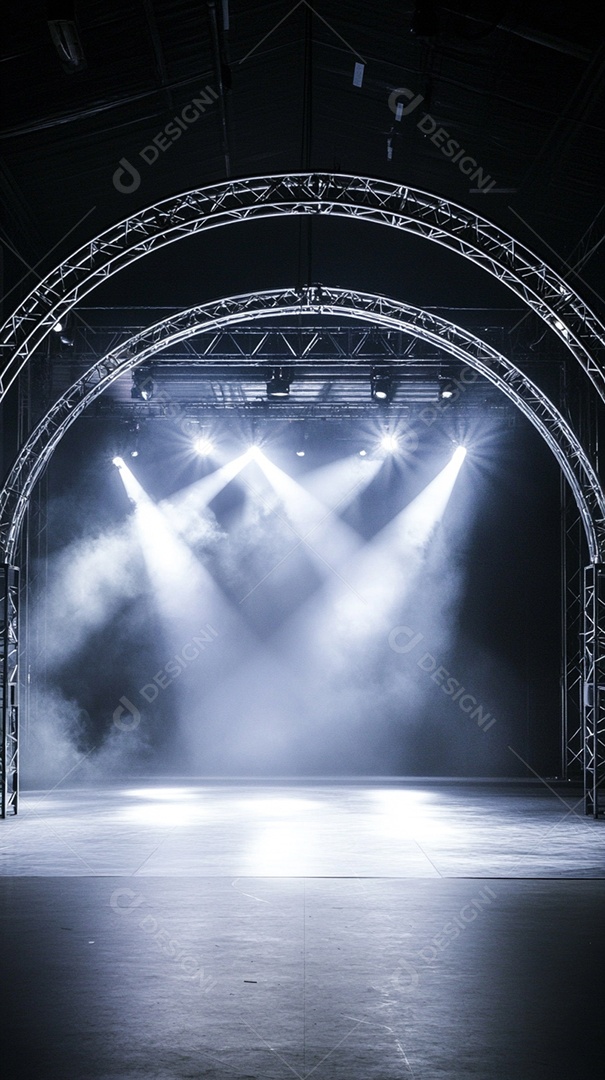 Um palco com estrutura metálica em primeiro plano
