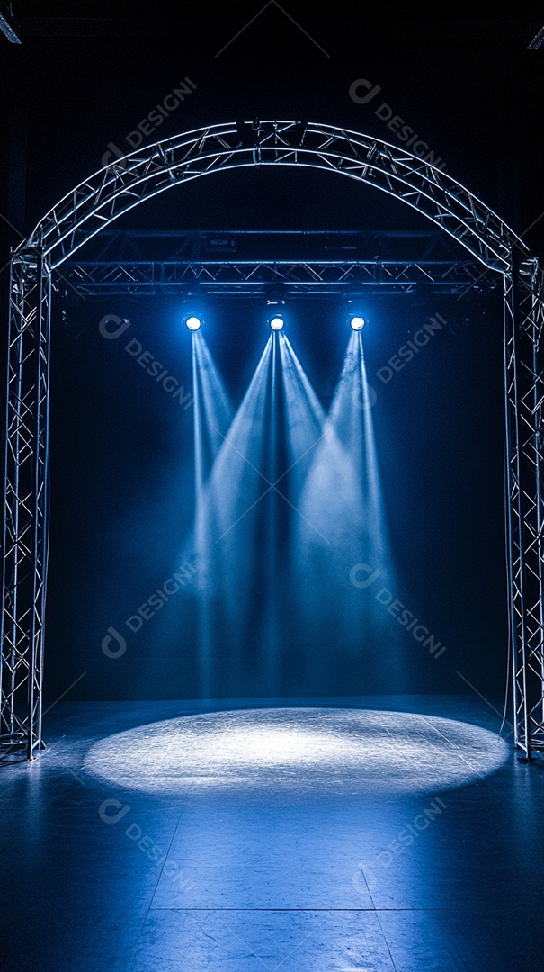 Um palco com estrutura metálica em primeiro plano