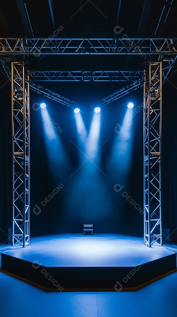 Um palco com estrutura metálica em primeiro plano