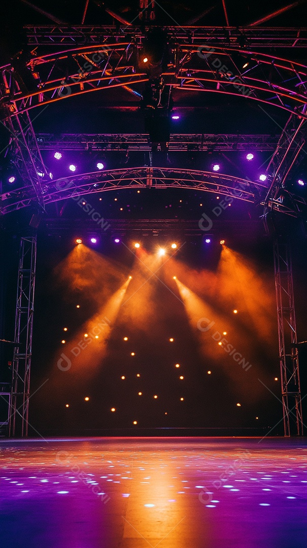 Um palco com estrutura metálica em primeiro plano