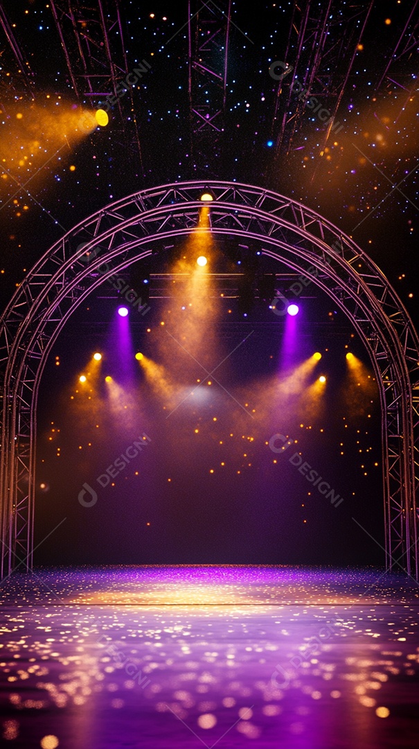 Um palco com estrutura metálica em primeiro plano