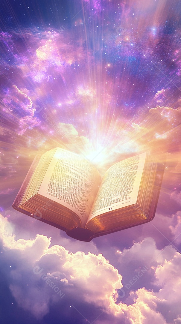 ilustração de bíblia de aberta sobre céu nuvens ao fundo