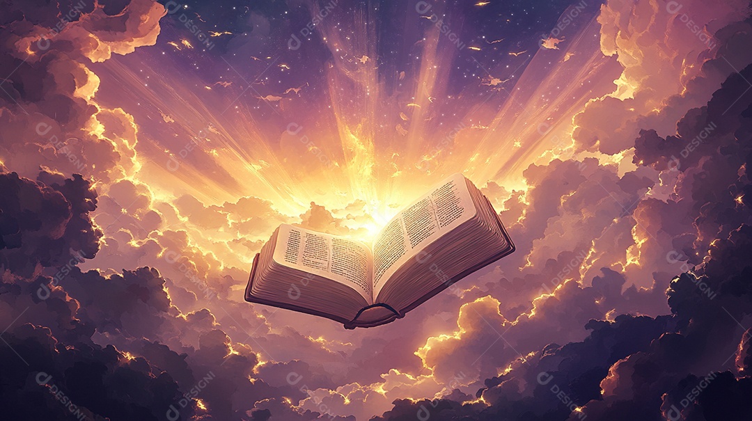 ilustração de bíblia de aberta sobre céu nuvens ao fundo