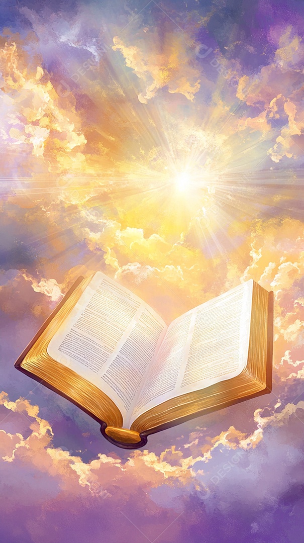 ilustração de bíblia de aberta sobre céu nuvens ao fundo