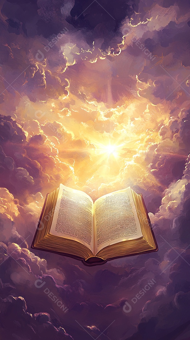 ilustração de bíblia de aberta sobre céu nuvens ao fundo
