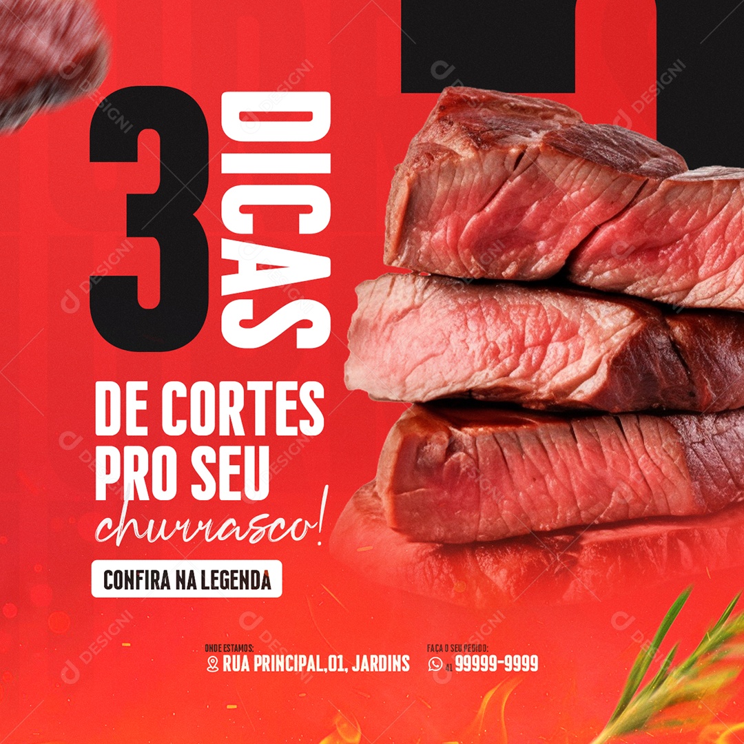Churrascaria Três Dicas de Cortes Pro Social Media PSD Editável