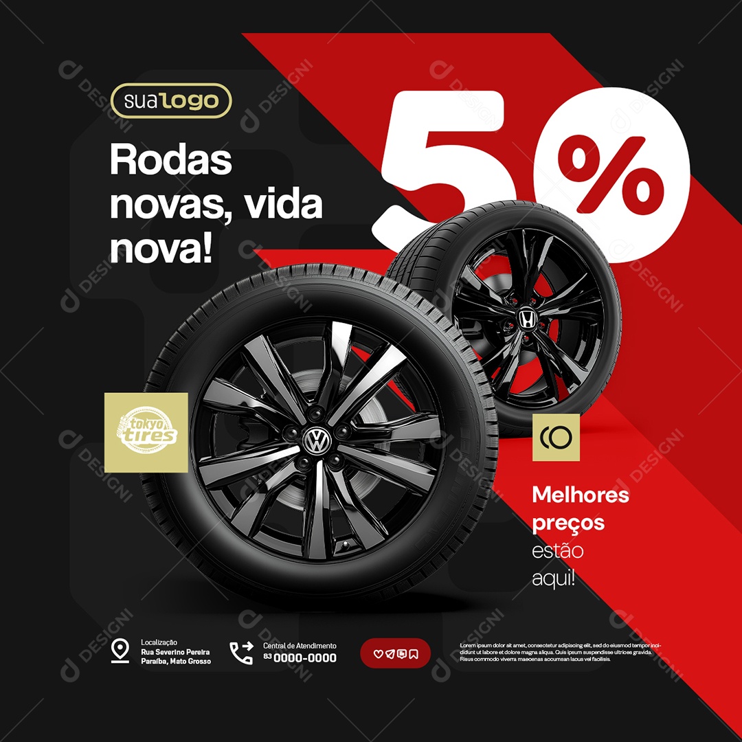 Loja de Pneus Rodas Novas Vida Nova Social Media PSD Editável