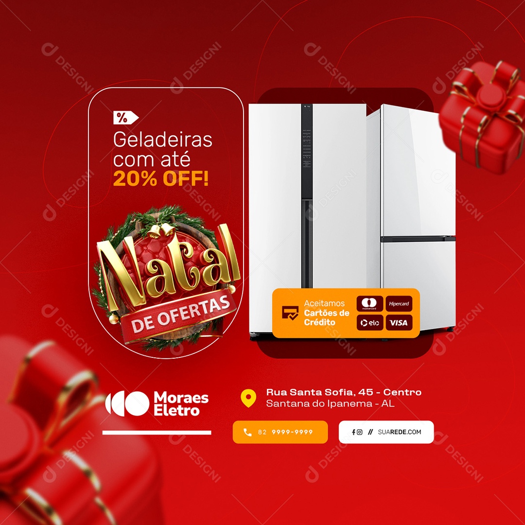 Natal de Ofertas Eletrodomésticos Geladeiras com Até 20% Off Social Media PSD Editável