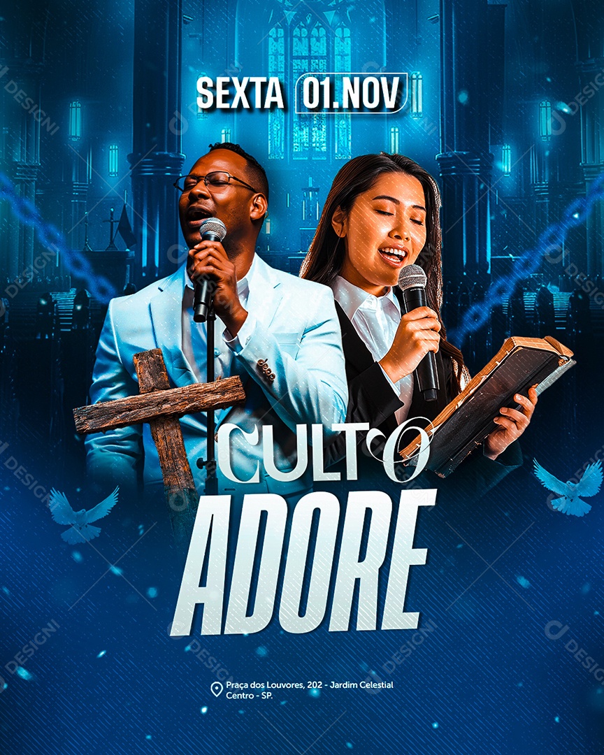 Flyer Gospel Culto Adore Social Media PSD Editável