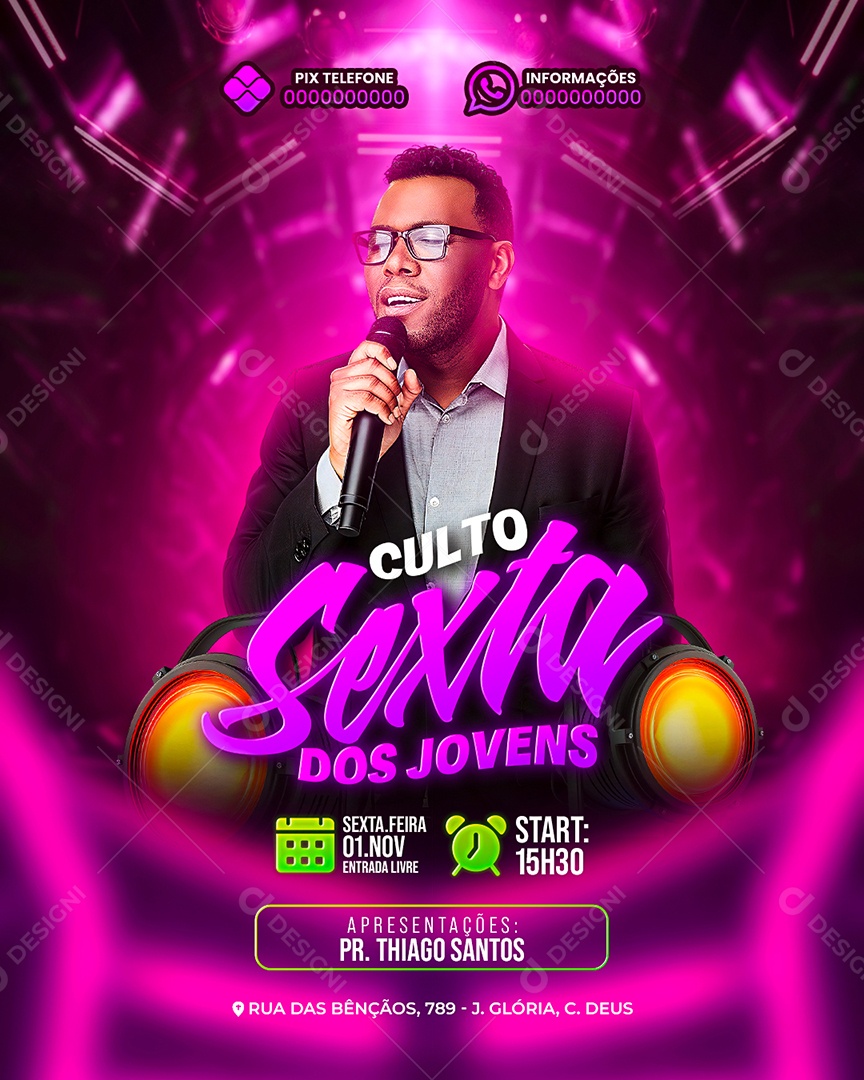 Flyer Gospel Culto Sexta Dos Jovens Social Media PSD Editável