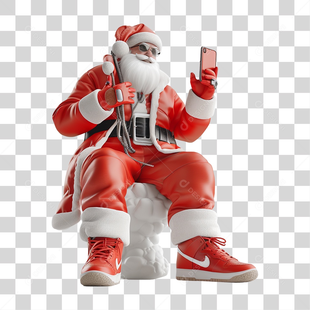 Papai Noel com Celular nas Mãos PNG Transparente