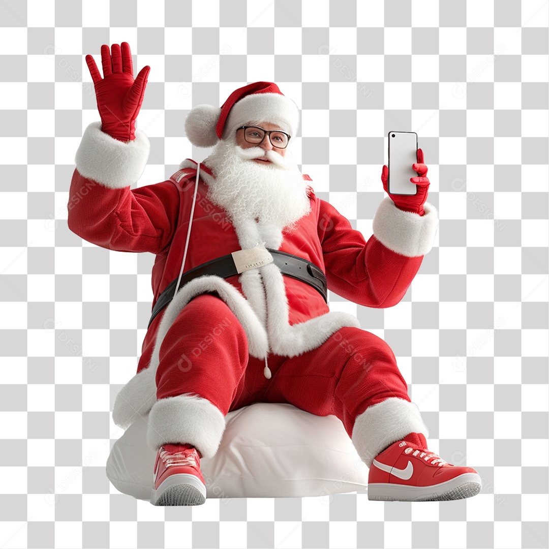 Papai Noel com Celular nas Mãos PNG Transparente