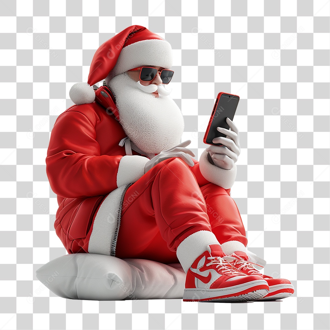 Papai Noel com Celular nas Mãos PNG Transparente