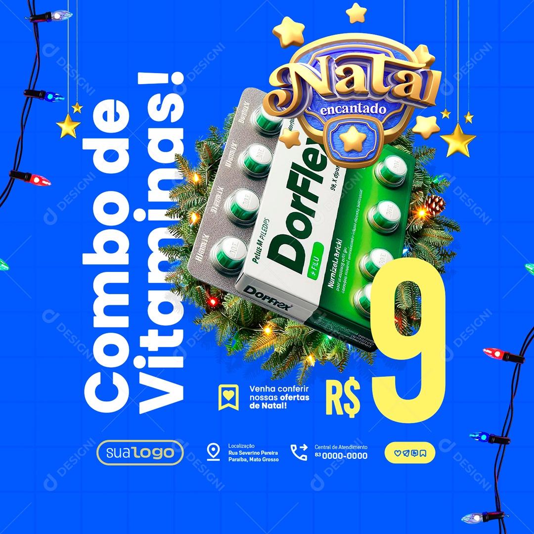 Natal Encantado Farmácia Combo Vitaminas Dorflex Social Media PSD Editável