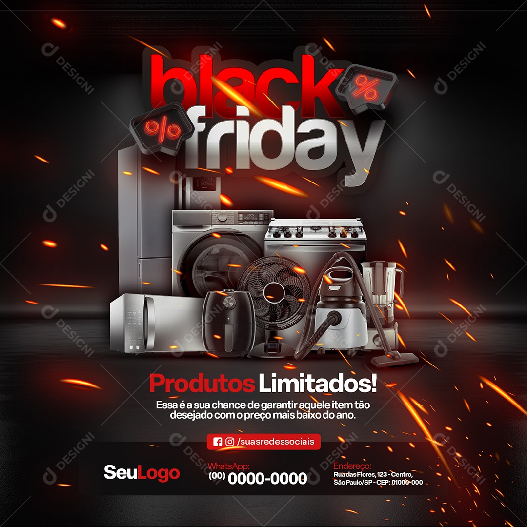 Black Friday Loja de Eletrodomésticos Produtos Limitados Social Media PSD Editável