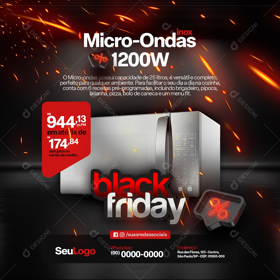 Black Friday Loja de Eletrodomésticos Micro-Ondas Inox Social Media PSD Editável