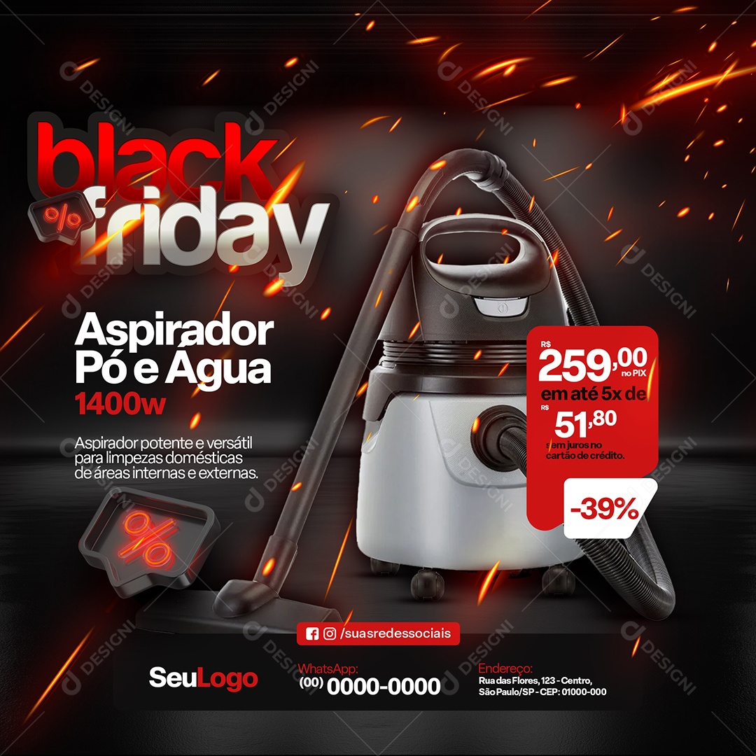 Black Friday Loja de Eletrodomésticos Aspirador Pó e Água Social Media PSD Editável