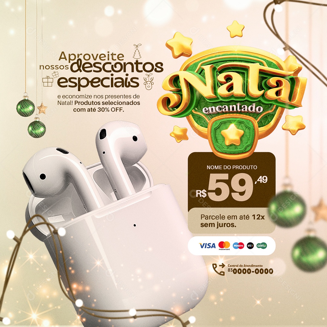 Presentes Natal Encantado Fone Sem Fio Social Media PSD Editável