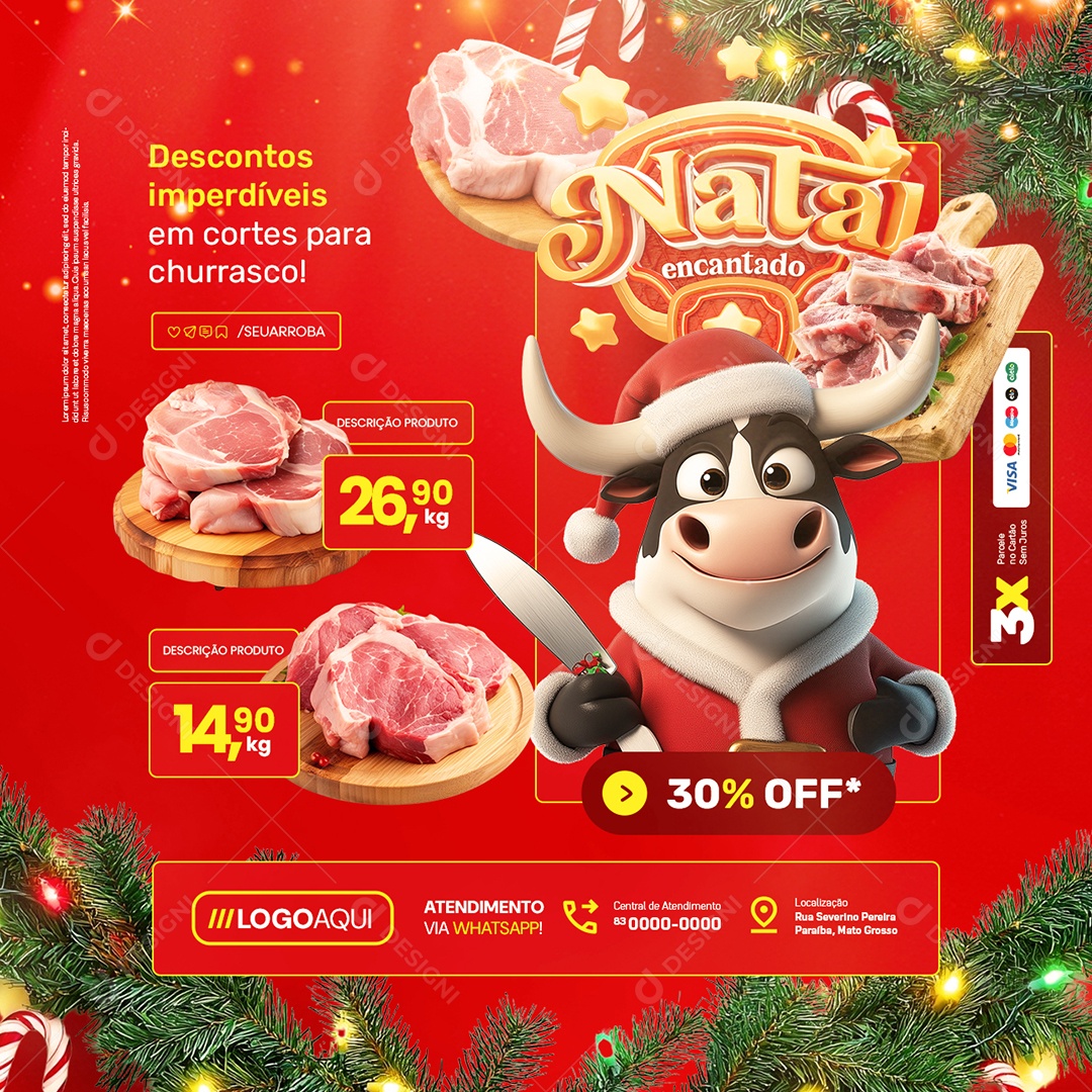 Natal Encantado Açougue Carnes Descontos Imperdíveis Social Media PSD Editável