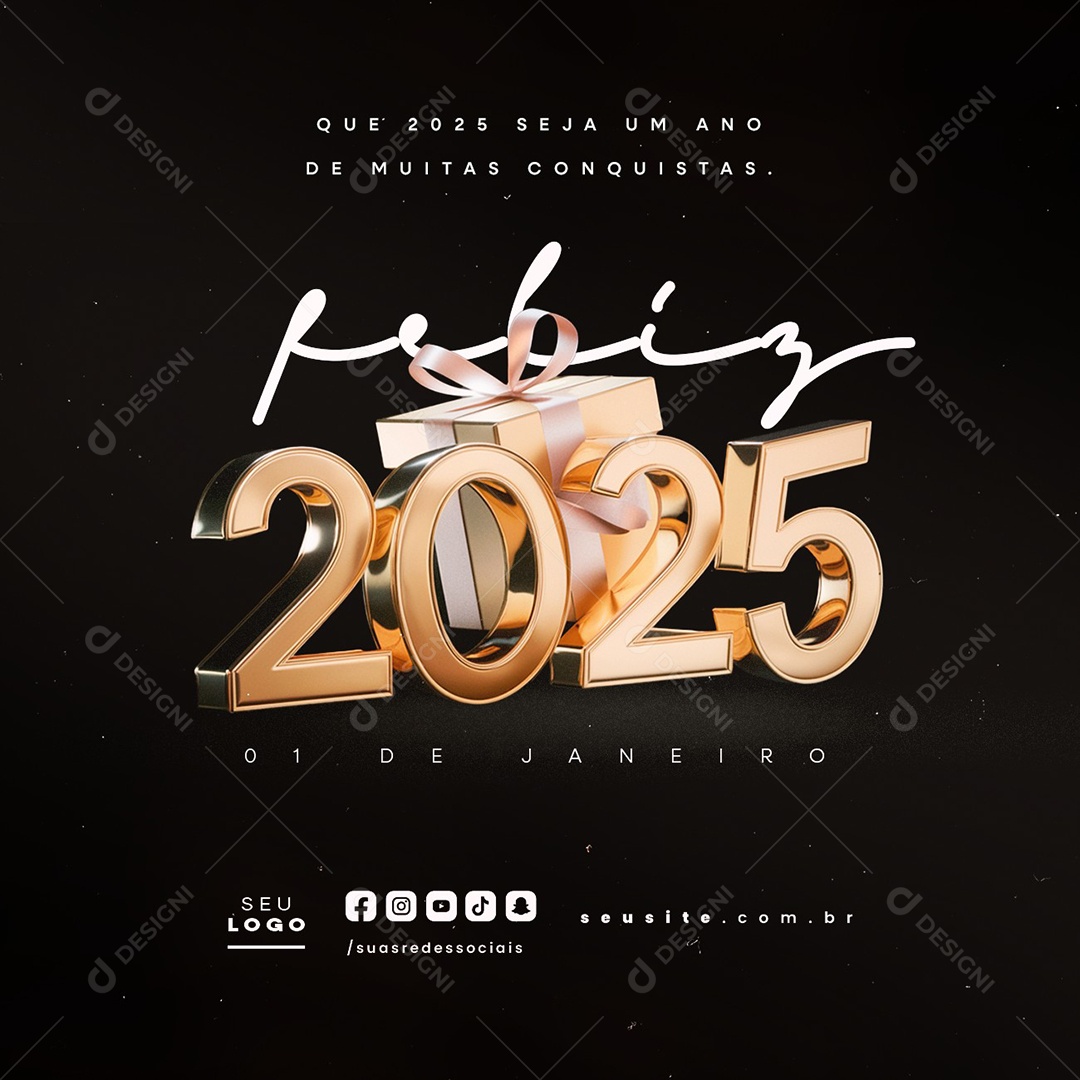 Social Media Feliz 2025 Ano Novo 01 de Janeiro PSD Editável