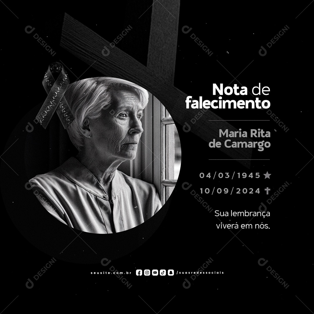 Social Media Luto Nota de Falecimento Maria Rita de Camargo PSD Editável